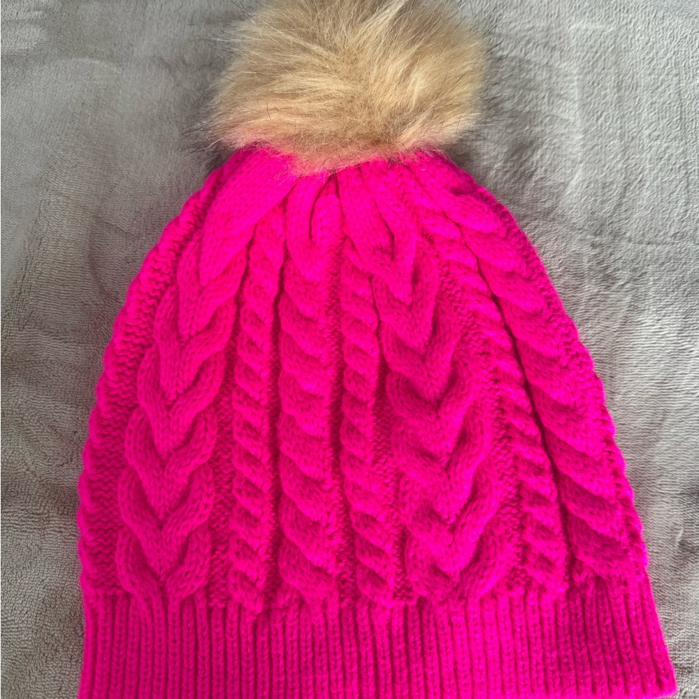 J. Crew Hot Pink Cable Knit Beanie w/ Faux Fur Pom – OS